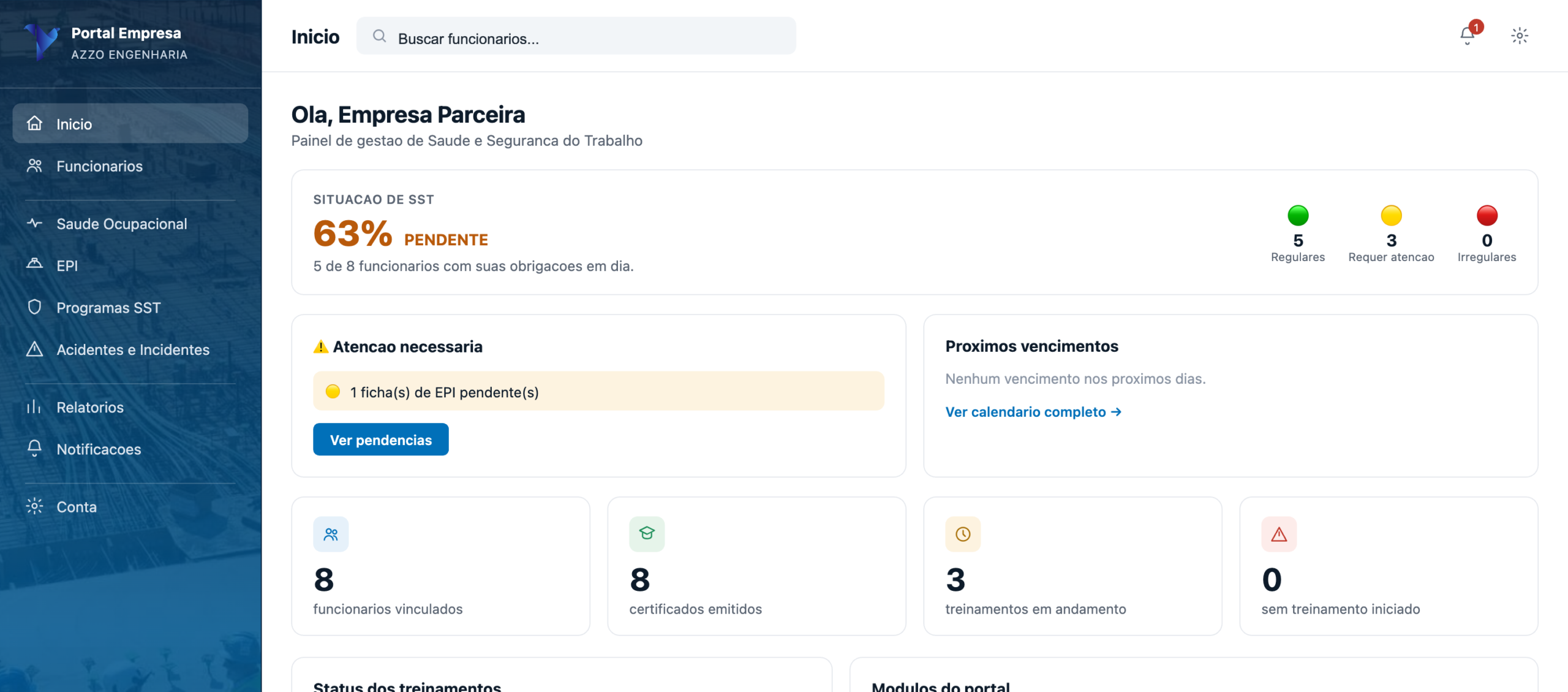 Painel do Portal Azzo com indicadores de conformidade de SST em dia